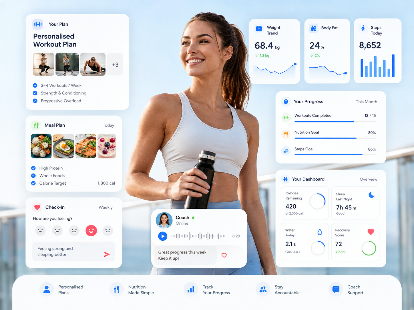 Online coaching dashboard showing personalised workouts, nutrition guidance, progress tracking and coach support